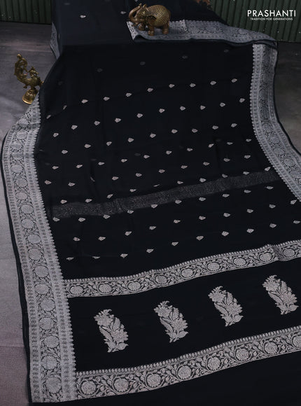 Banarasi chiffon silk saree black with silver zari woven buttas and floral silver zari woven border