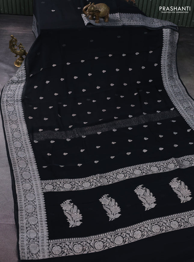 Banarasi chiffon silk saree black with silver zari woven buttas and floral silver zari woven border