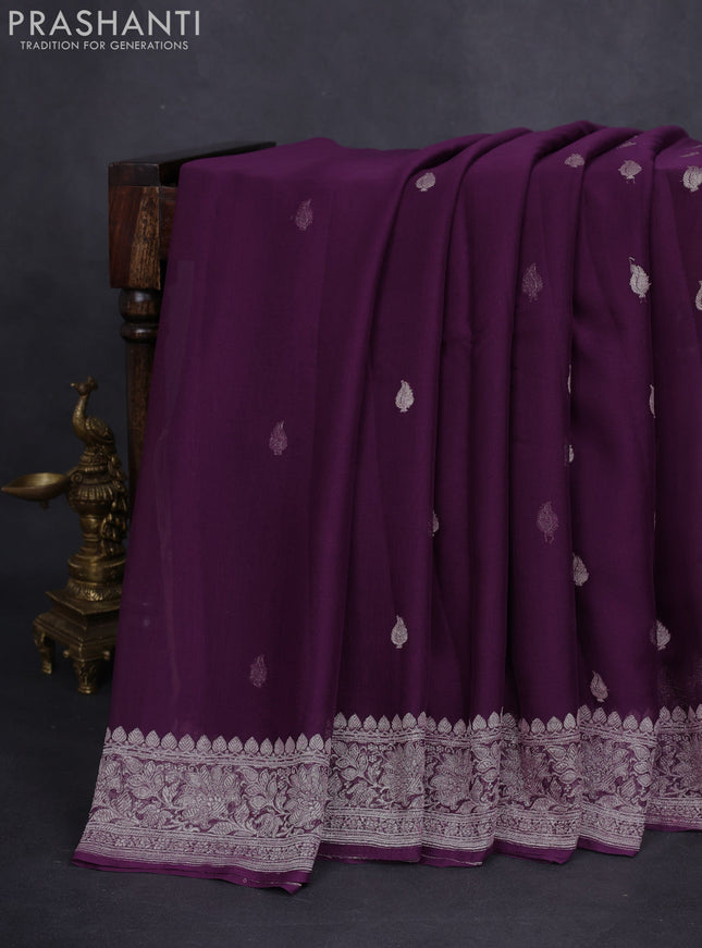 Banarasi chiffon silk saree wine shade with silver zari woven buttas and floral silver zari woven border