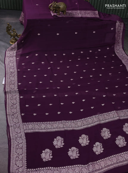 Banarasi chiffon silk saree wine shade with silver zari woven buttas and floral silver zari woven border