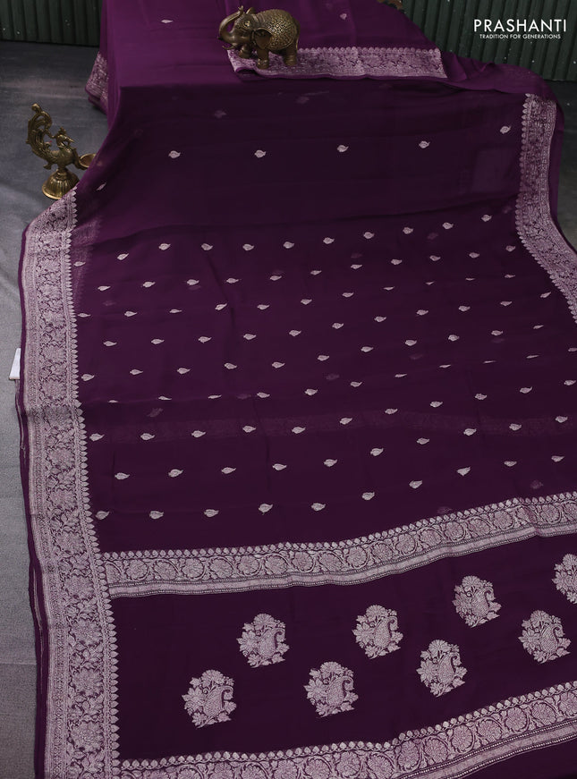 Banarasi chiffon silk saree wine shade with silver zari woven buttas and floral silver zari woven border