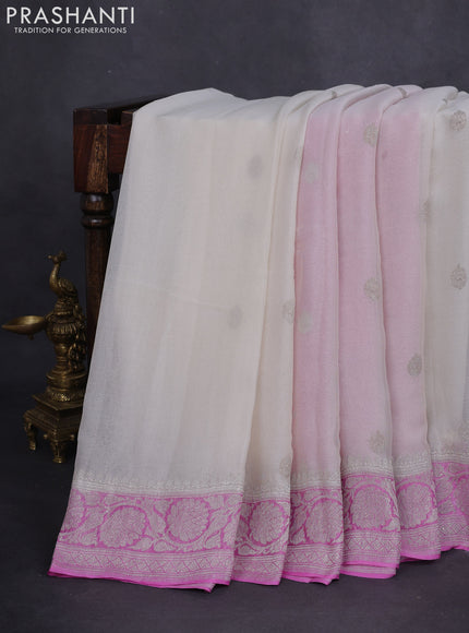 Banarasi chiffon silk saree off white and lotus pink with silver zari woven buttas and floral silver zari woven border