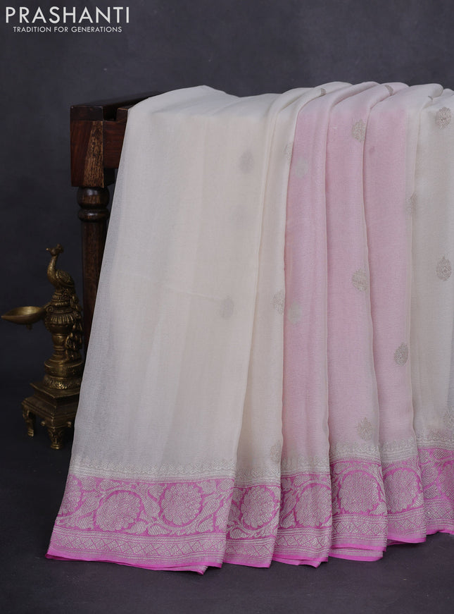 Banarasi chiffon silk saree off white and lotus pink with silver zari woven buttas and floral silver zari woven border