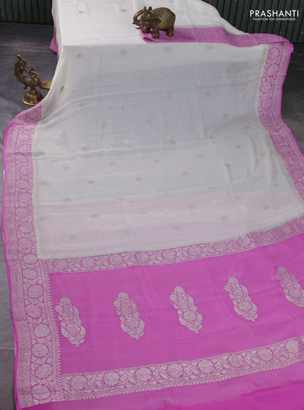 Banarasi chiffon silk saree off white and lotus pink with silver zari woven buttas and floral silver zari woven border