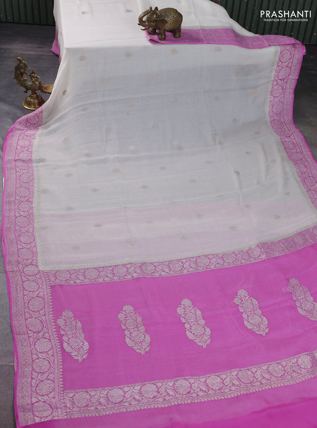 Banarasi chiffon silk saree off white and lotus pink with silver zari woven buttas and floral silver zari woven border