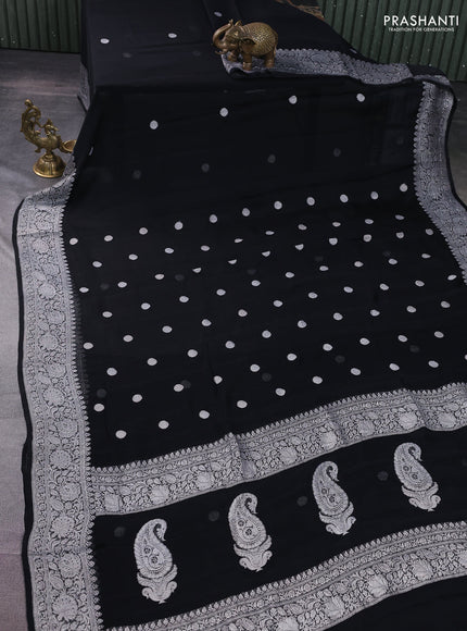 Banarasi chiffon silk saree black with silver zari woven coin buttas and silver zari woven border