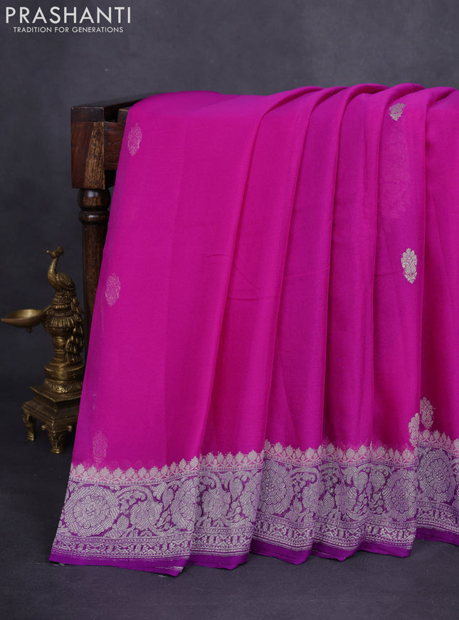 Banarasi chiffon silk saree pink and purple with silver zari woven buttas and silver zari woven border
