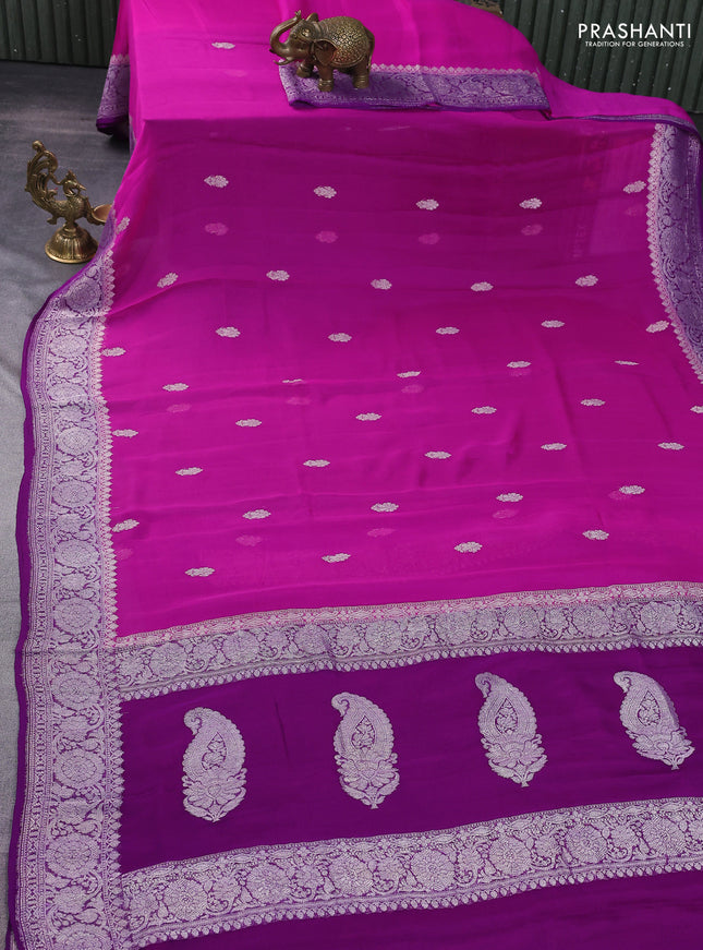 Banarasi chiffon silk saree pink and purple with silver zari woven buttas and silver zari woven border