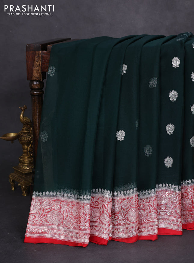 Banarasi chiffon silk saree bottle green and red with silver zari woven buttas and silver zari woven border