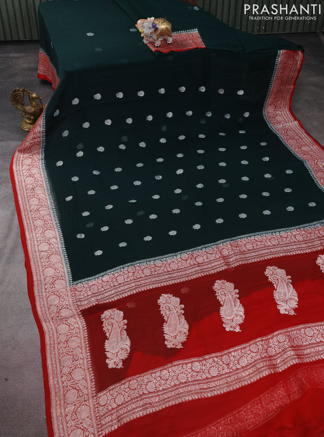 Banarasi chiffon silk saree bottle green and red with silver zari woven buttas and silver zari woven border