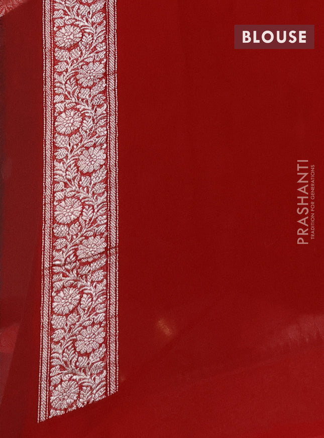 Banarasi chiffon silk saree bottle green and red with silver zari woven buttas and silver zari woven border