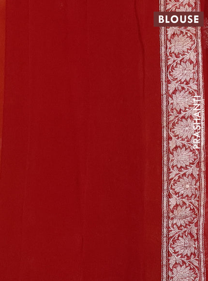 Banarasi chiffon silk saree yellow and kumkum red with silver zari woven buttas and silver zari woven border