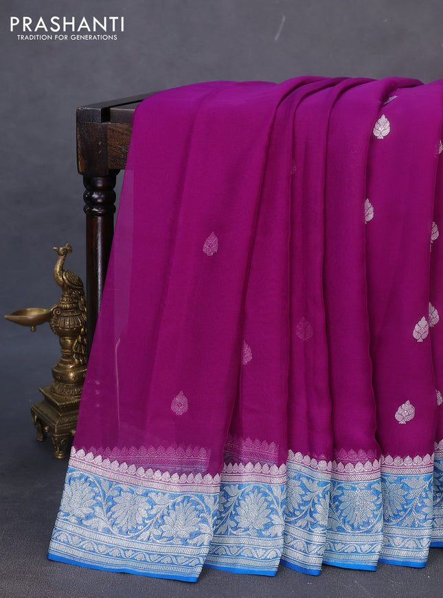 Banarasi chiffon silk saree purple and cs blue with silver zari woven buttas and silver zari woven border