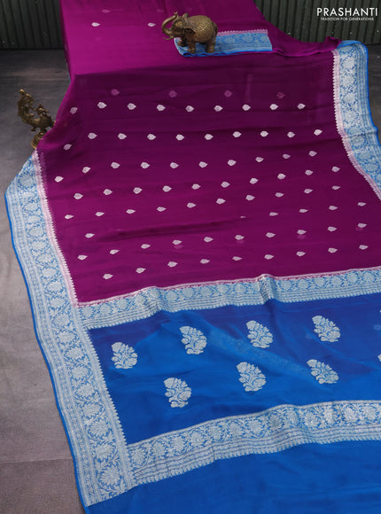 Banarasi chiffon silk saree purple and cs blue with silver zari woven buttas and silver zari woven border