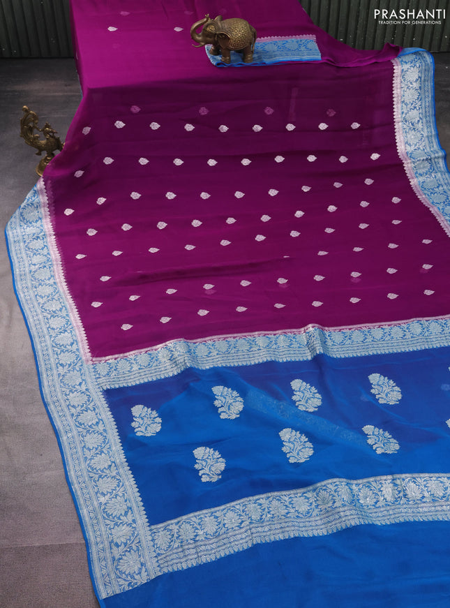 Banarasi chiffon silk saree purple and cs blue with silver zari woven buttas and silver zari woven border