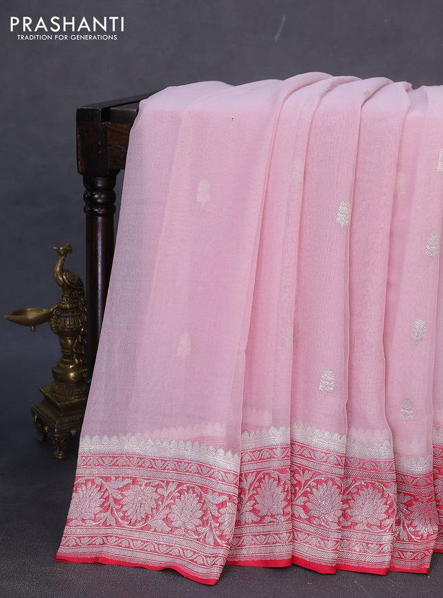 Banarasi chiffon silk saree baby pink and red with silver zari woven buttas and silver zari woven border