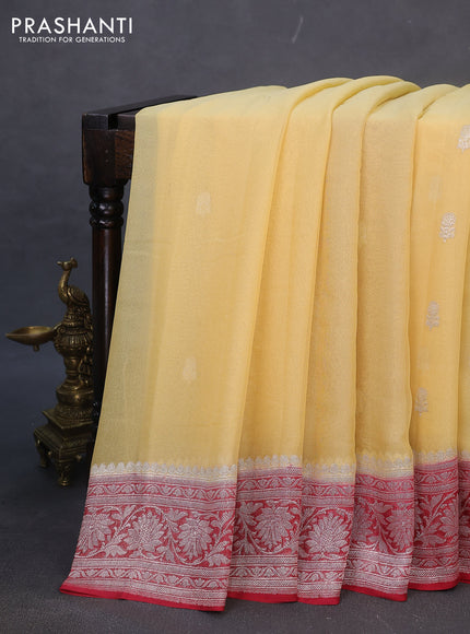 Banarasi chiffon silk saree pale yellow and maroon shade with silver zari woven buttas and silver zari woven border