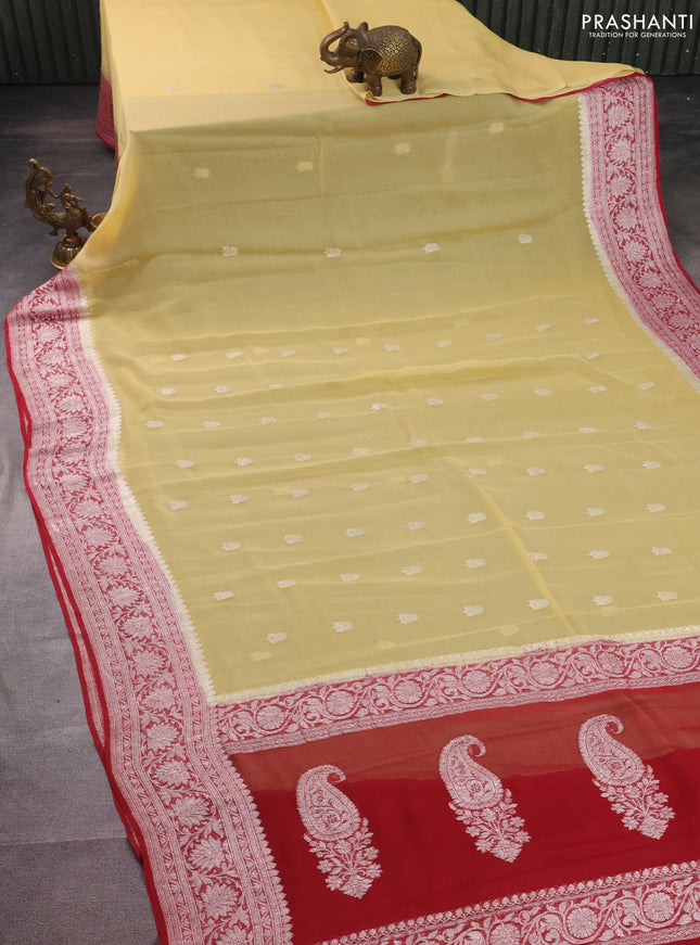 Banarasi chiffon silk saree pale yellow and maroon shade with silver zari woven buttas and silver zari woven border