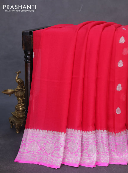 Banarasi chiffon silk saree red and light pink with silver zari woven buttas and silver zari woven border