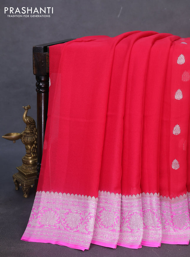 Banarasi chiffon silk saree red and light pink with silver zari woven buttas and silver zari woven border