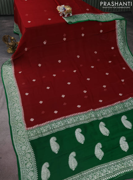 Banarasi chiffon silk saree maroon and green with silver zari woven buttas and silver zari woven border