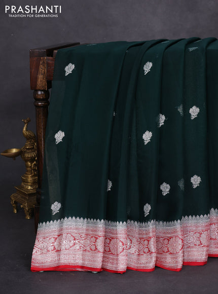 Banarasi chiffon silk saree bottle green and red with silver zari woven buttas and silver zari woven border