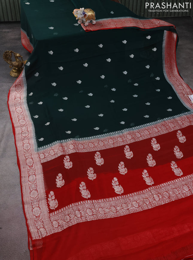 Banarasi chiffon silk saree bottle green and red with silver zari woven buttas and silver zari woven border