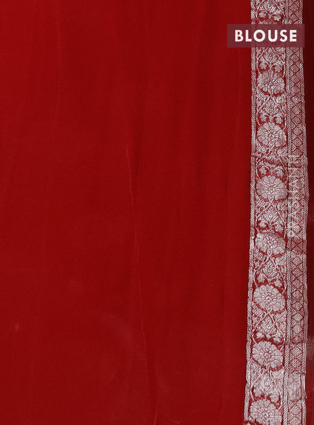 Banarasi chiffon silk saree bottle green and red with silver zari woven buttas and silver zari woven border