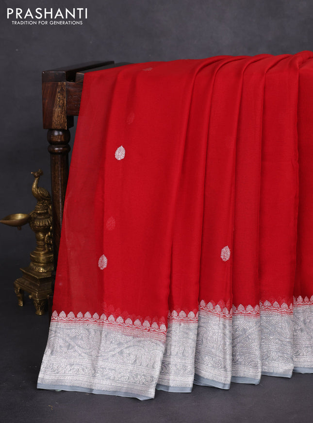 Banarasi chiffon silk saree red and grey with silver zari woven buttas and silver zari woven border