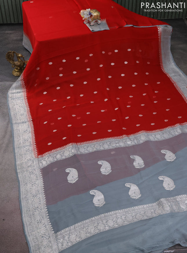 Banarasi chiffon silk saree red and grey with silver zari woven buttas and silver zari woven border