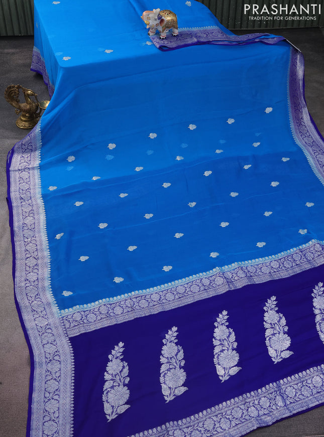 Banarasi chiffon silk saree cs blue and blue with silver zari woven buttas and silver zari woven border