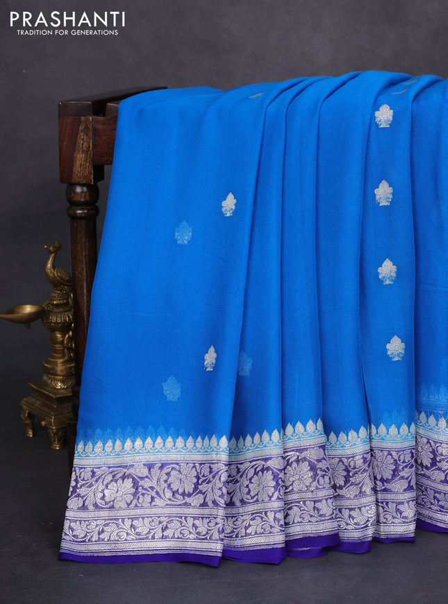 Banarasi chiffon silk saree cs blue and blue with silver zari woven buttas and silver zari woven border