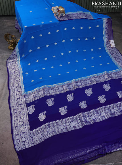 Banarasi chiffon silk saree cs blue and blue with silver zari woven buttas and silver zari woven border