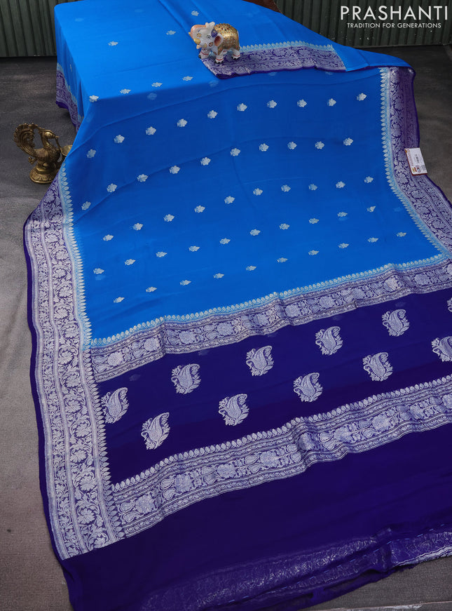 Banarasi chiffon silk saree cs blue and blue with silver zari woven buttas and silver zari woven border