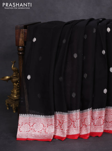 Banarasi chiffon silk saree black and red with silver zari woven buttas and silver zari woven border