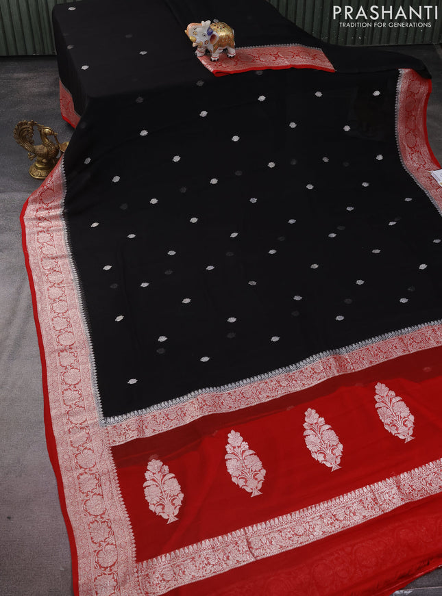 Banarasi chiffon silk saree black and red with silver zari woven buttas and silver zari woven border