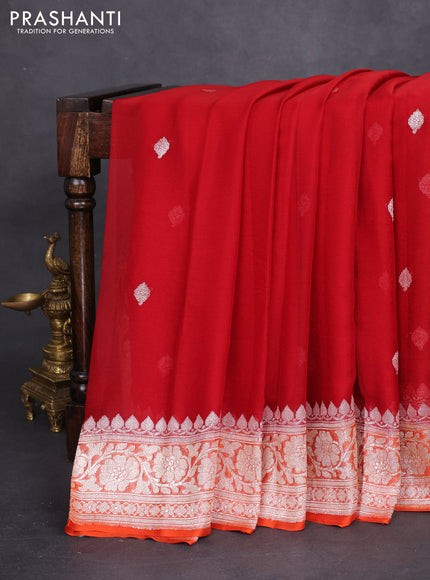 Banarasi chiffon silk saree red and orange with silver zari woven buttas and silver zari woven border