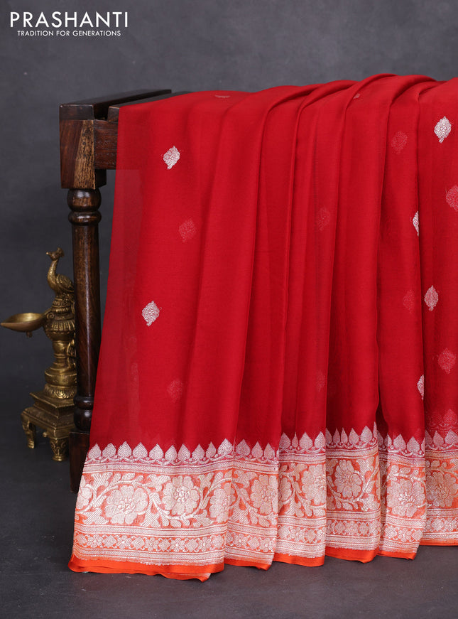 Banarasi chiffon silk saree red and orange with silver zari woven buttas and silver zari woven border