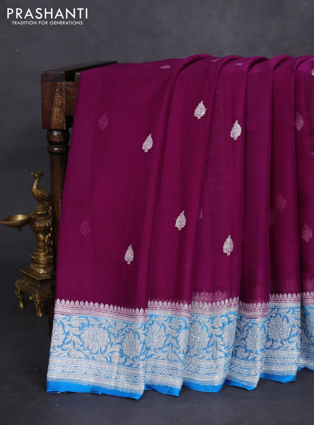 Banarasi chiffon silk saree purple and cs blue with silver zari woven buttas and silver zari woven border