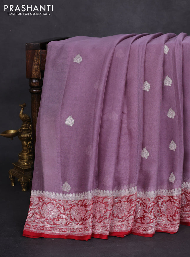 Banarasi chiffon silk saree pastel purple and kumkum red with silver zari woven buttas and silver zari woven border