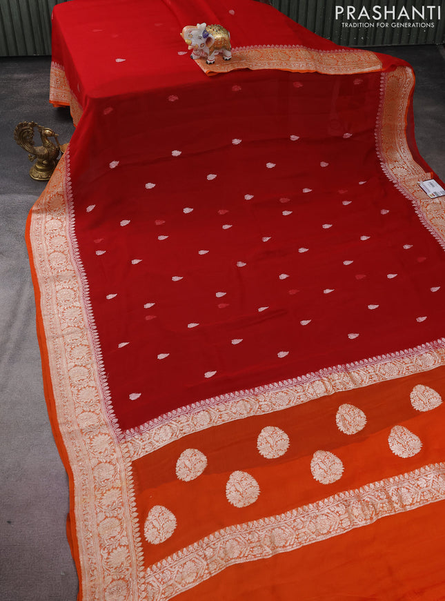 Banarasi chiffon silk saree red and orange with silver zari woven buttas and silver zari woven border
