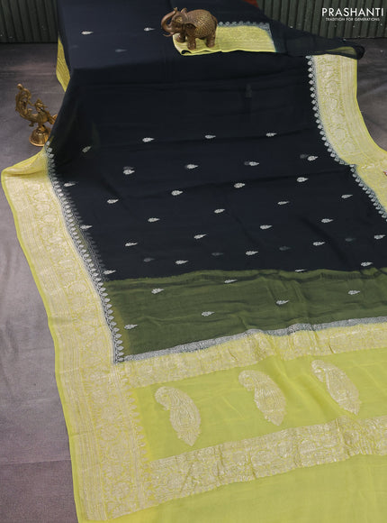Banarasi chiffon silk saree black and pale yellow with silver zari woven buttas and silver zari woven border