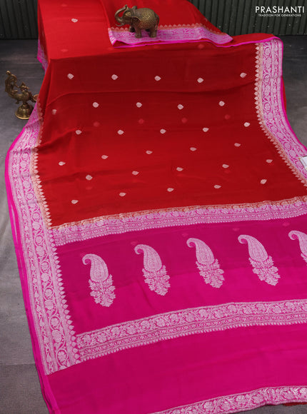 Banarasi chiffon silk saree red and pink with silver zari woven buttas and silver zari woven border