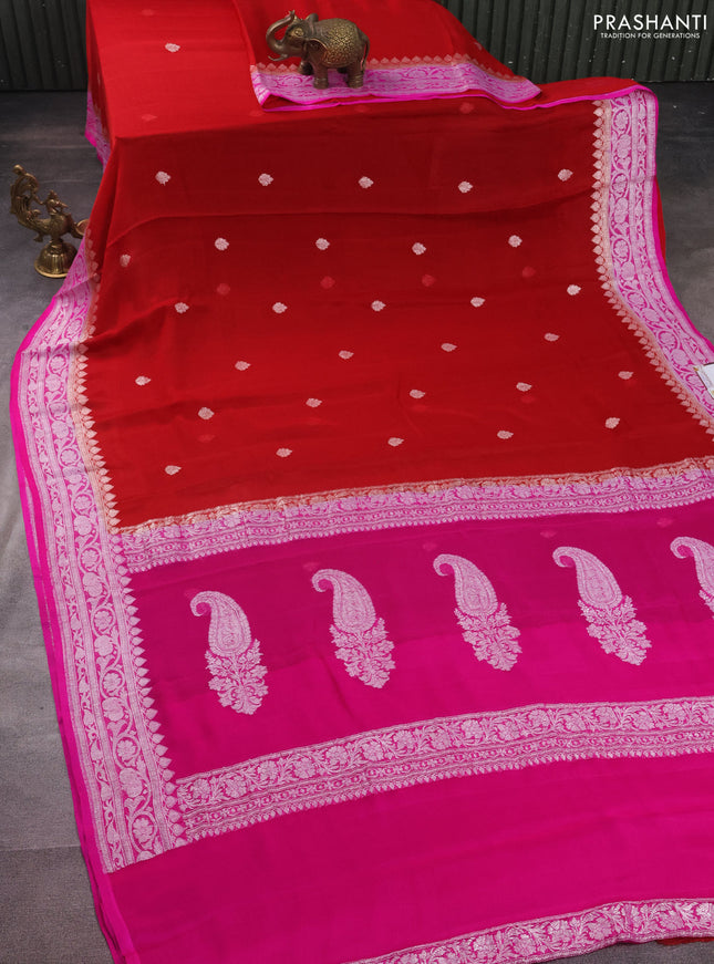 Banarasi chiffon silk saree red and pink with silver zari woven buttas and silver zari woven border