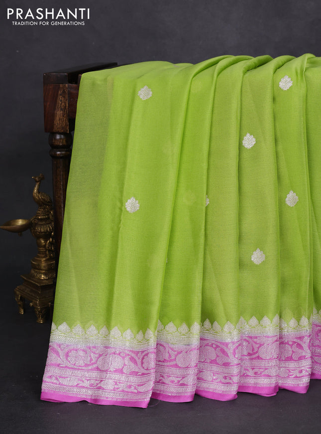 Banarasi chiffon silk saree lime green and lotus pink with silver zari woven buttas and silver zari woven border