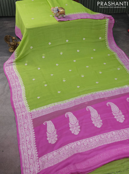 Banarasi chiffon silk saree lime green and lotus pink with silver zari woven buttas and silver zari woven border