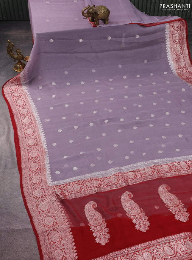 Banarasi chiffon silk saree grey and maroon with silver zari woven buttas and silver zari woven border