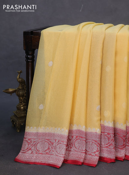 Banarasi chiffon silk saree pale yellow and maroon with silver zari woven buttas and silver zari woven border
