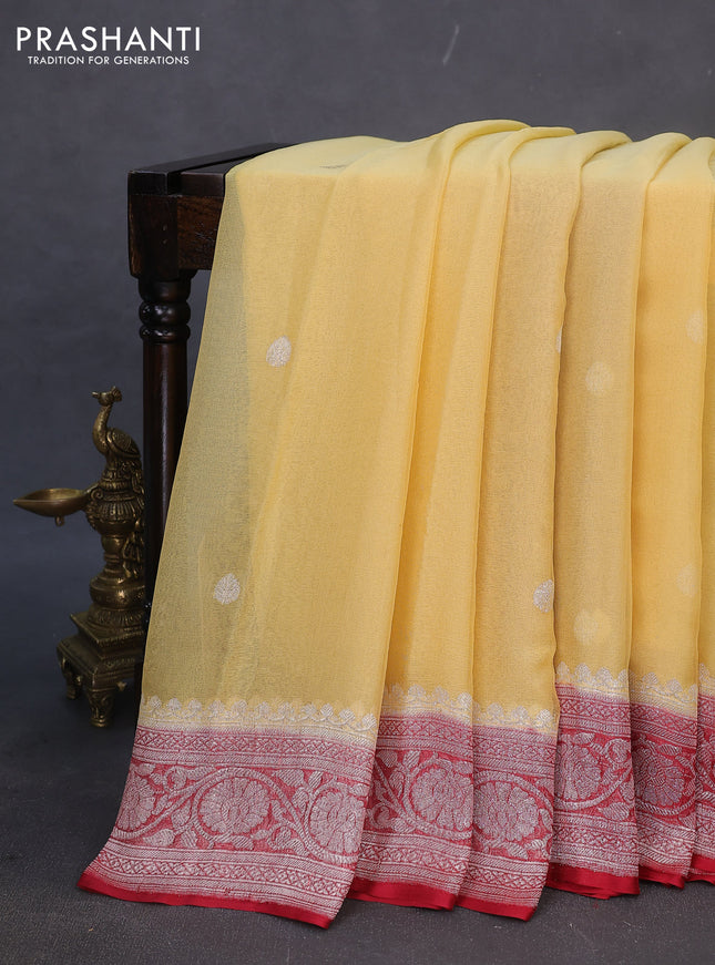Banarasi chiffon silk saree pale yellow and maroon with silver zari woven buttas and silver zari woven border
