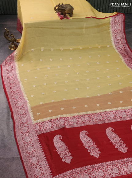 Banarasi chiffon silk saree pale yellow and maroon with silver zari woven buttas and silver zari woven border